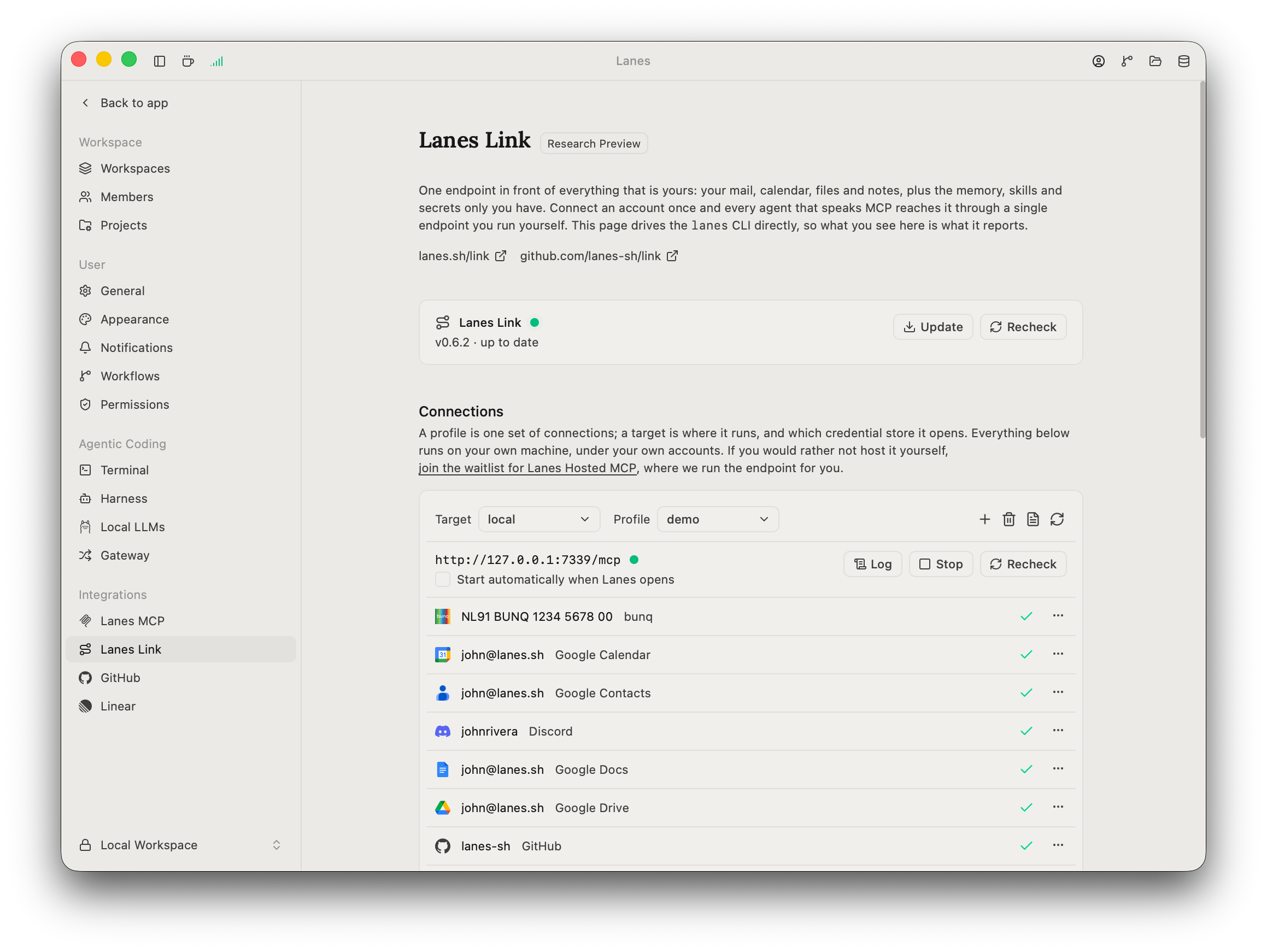 The Lanes Link settings page in Lanes, showing the CLI status card with its version, the target and profile selectors, the endpoint row with its running state, and the list of connected accounts