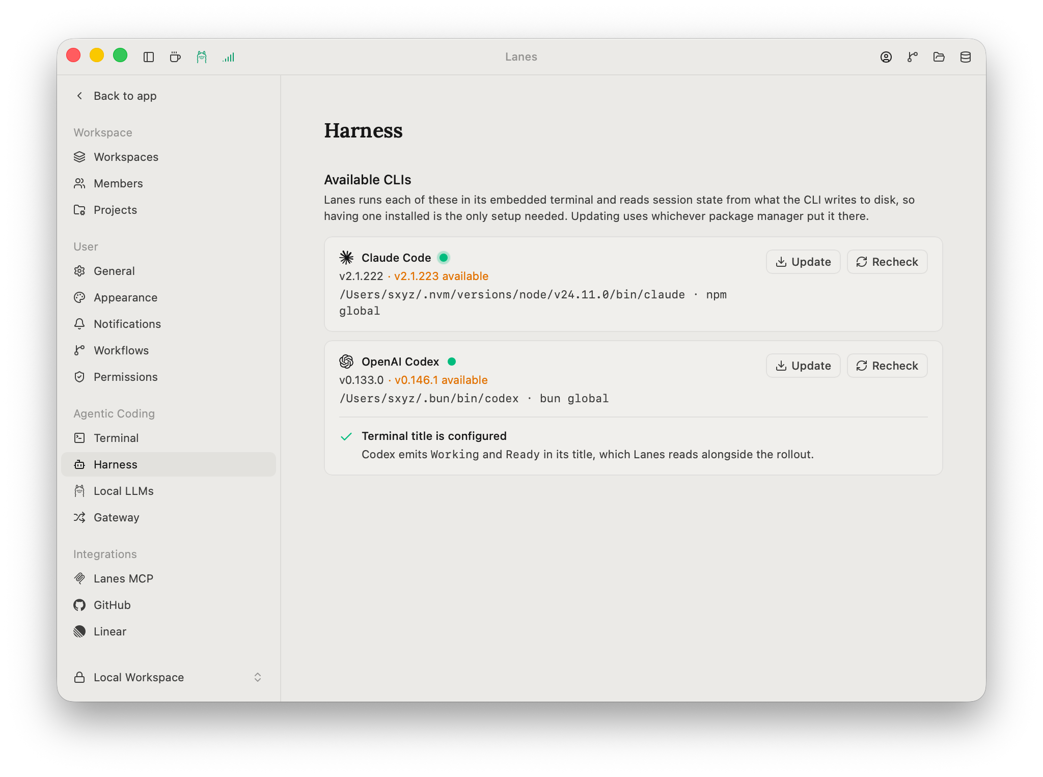 The Harness settings page in Lanes, showing a card per CLI with PATH status, version, install path, detected package manager, and Install or Update buttons