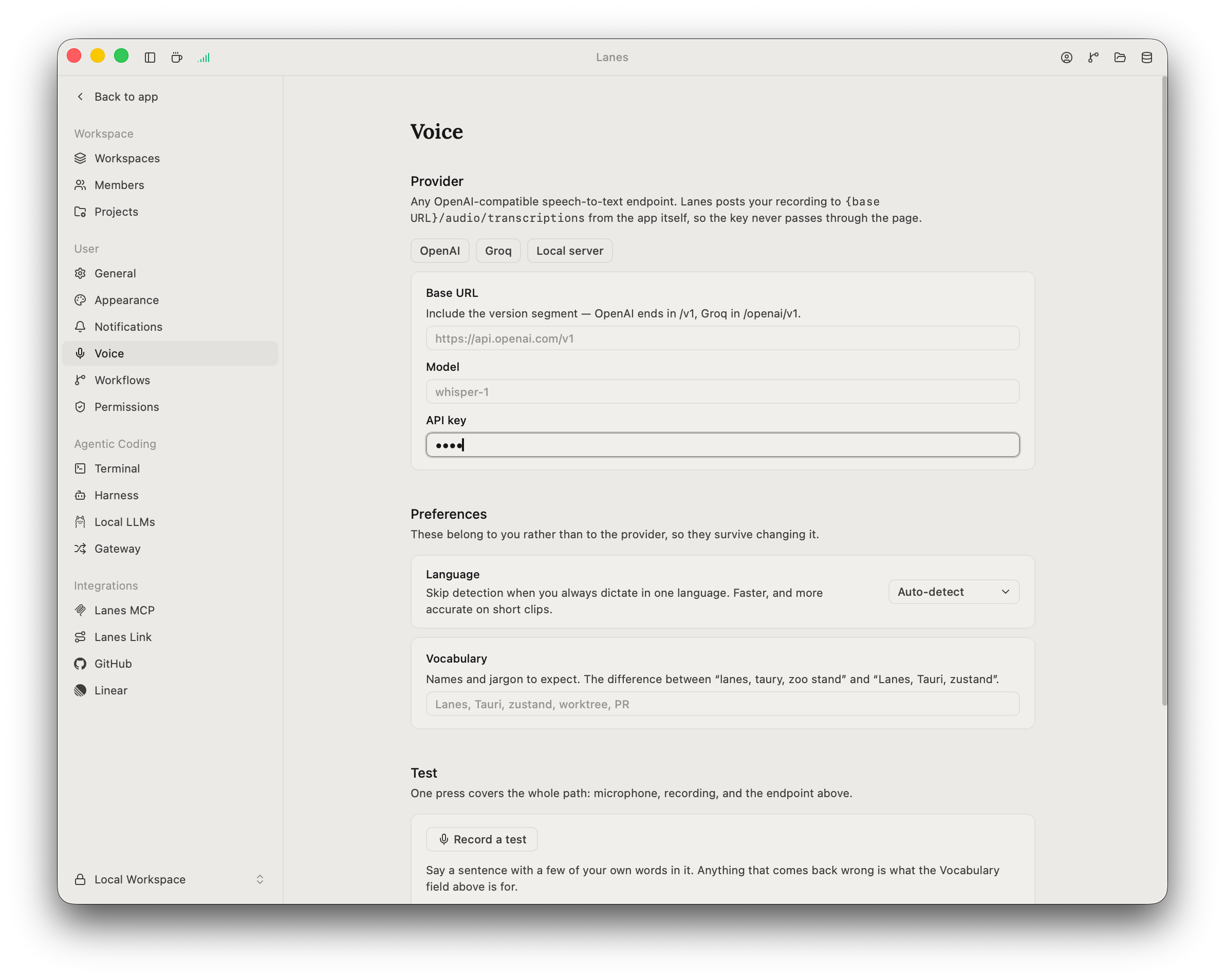 The Voice settings page in Lanes, showing the OpenAI, Groq and Local server presets, the base URL, model and API key fields, the Language and Vocabulary preferences, and the Record a test button